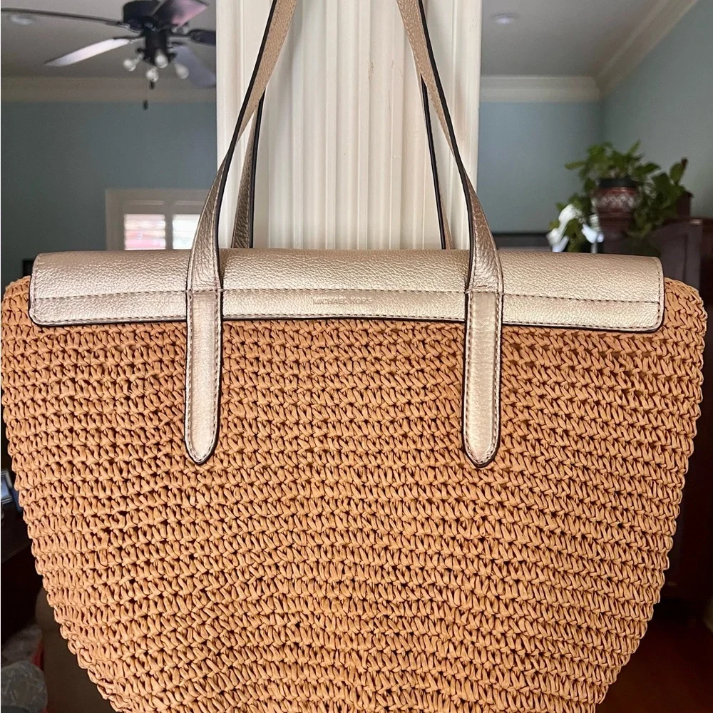 Michael Kors Woven Straw Tote with Metallic Beige Trim